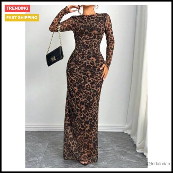 Leopard Print Mesh Sheer Bodycon Maxi Dress Long Sleeve Y2K Elegant Formal - Picture 6 of 6
